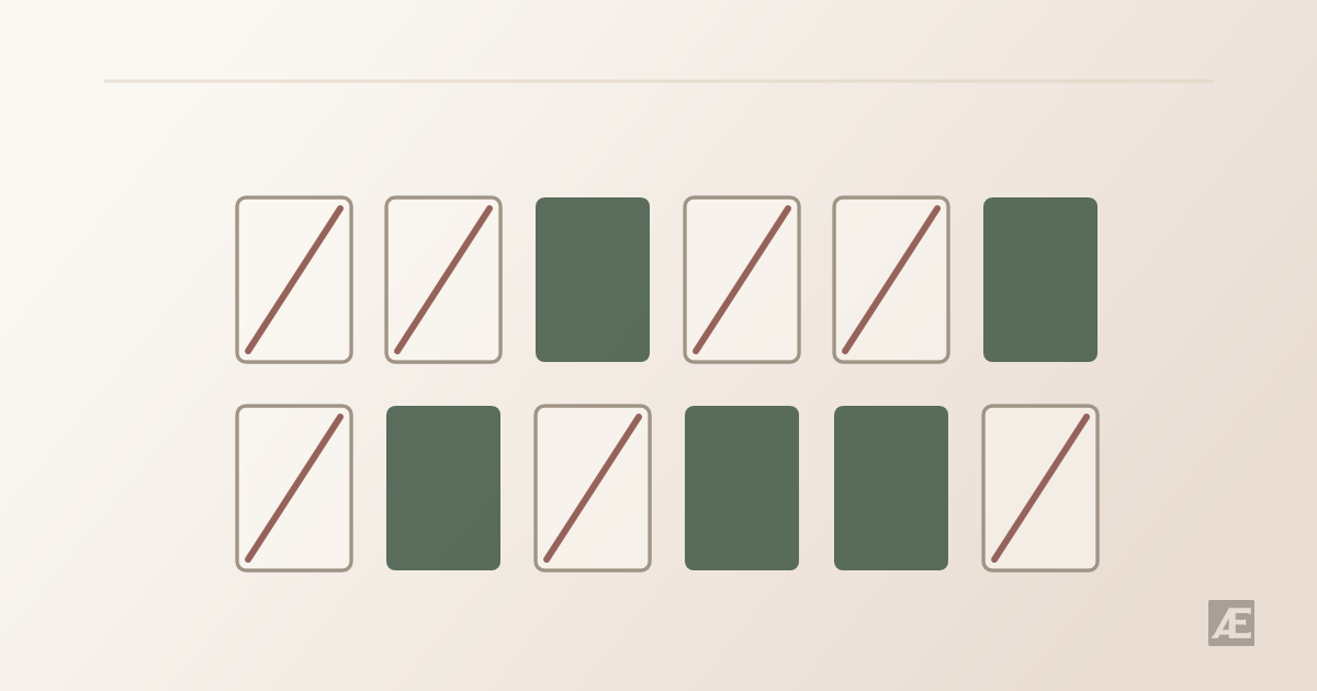 Diagram of twelve tiles: five filled solid to show what was kept, seven outlined and struck through to show what was rejected.
