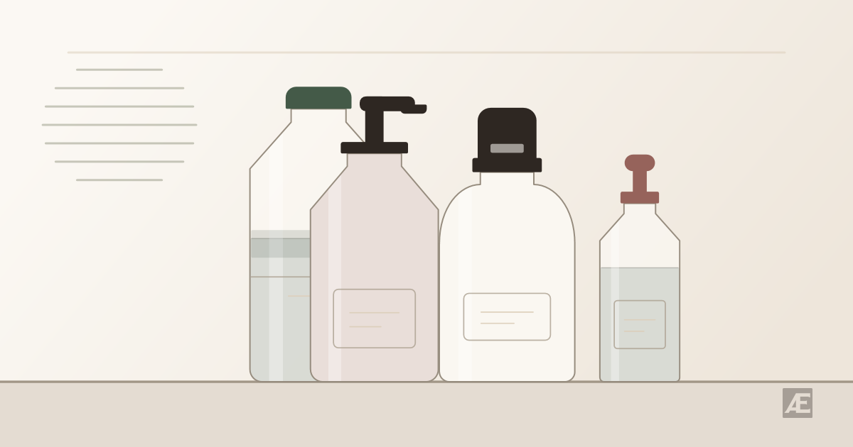 Illustration of the 4 products stocked from this brand: tall bottle, pump bottle, foam-pump bottle, dropper bottle.