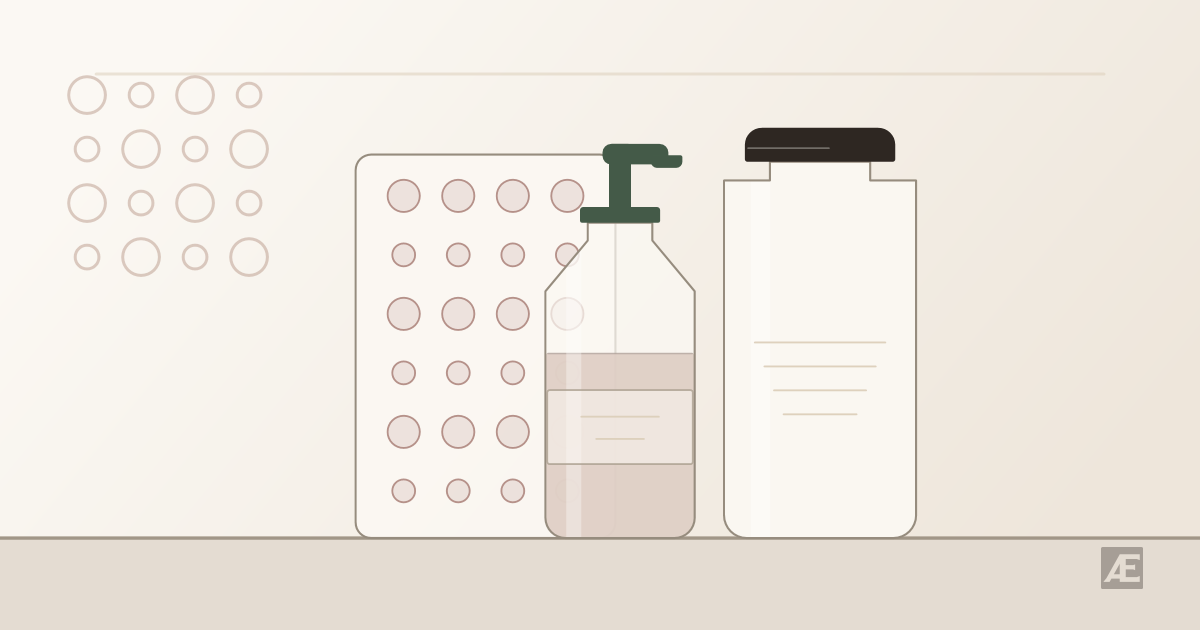 Illustration of the 3 products stocked from this brand: sheet of round patches, slim pump bottle, flat-cap bottle.